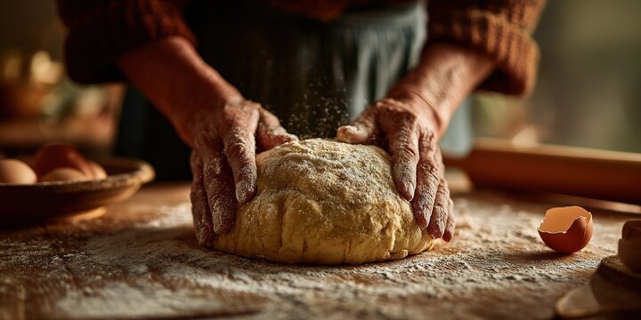 Preparing dough by hand in a rustic kitchen with warm lighting, highlighting the art of baking bread early in the morning