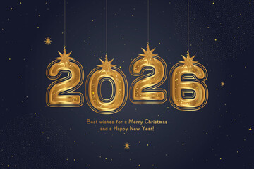 Fototapeta premium Happy New Year 2026 greeting card with golden numbers and decorative ribbon star on dark blue background. Luxury festive design for holiday celebration and banner. Flat vector illustration EPS10.