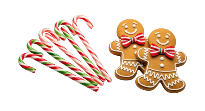Festive gingerbread men with candy canes holiday sweets on transparent background