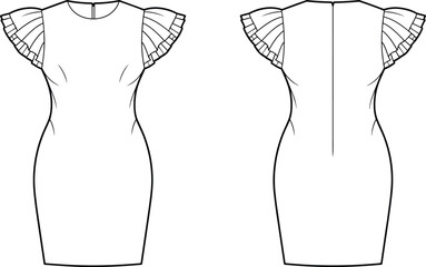 Elegant ruffle sleeve bodycon dress flat sketch, women fitted dress fashion template, apparel technical drawing for sewing pattern design and illustration