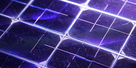 Solar panel close-up shows detailed grid structure and light reflection during sunny daylight