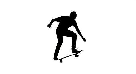 Silhouette of a skateboarder performing a trick on a skateboard in a dynamic pose on a white background