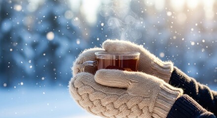 Warm hands holding a cup of tea in a snowy winter scene outdoors