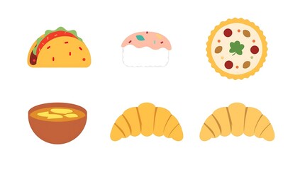 A delightful assortment of popular comfort foods including a taco pizza slice whole pizza soup and croissants