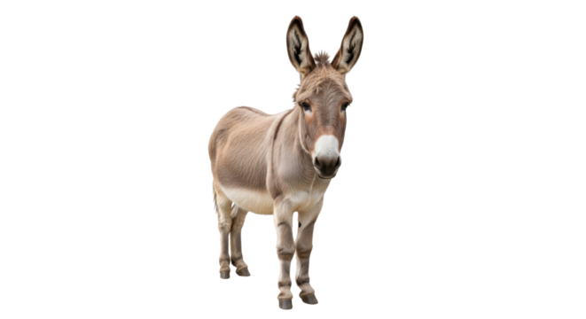 Isolated donkey standing calmly and looking forward with long, upright ears and soft colors