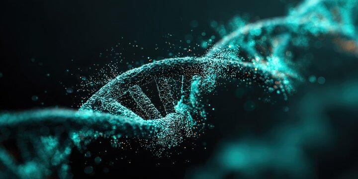 Stunning visualization of DNA structure with a glowing turquoise effect on a dark background