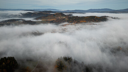 Mystical morning fog drifts through the Bavarian Forest in the Straubing Bogen district with soft autumn light and golden trees across Bavaria Germany