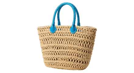 Isolated straw summer beach handbag or shopping bag with blue handles, front view