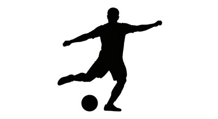 Silhouette of a soccer player kicking a ball with outstretched arms in a dynamic action pose on white