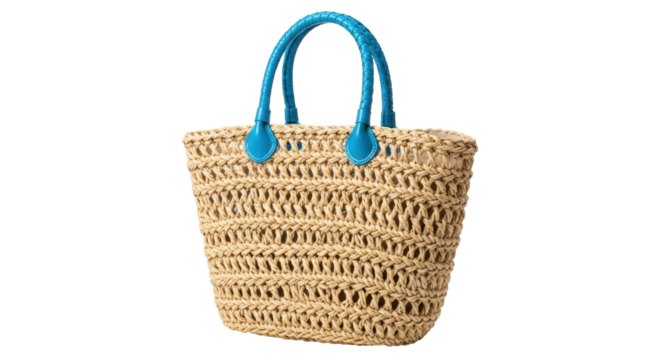 Isolated straw summer beach handbag or shopping bag with blue handles, front view
