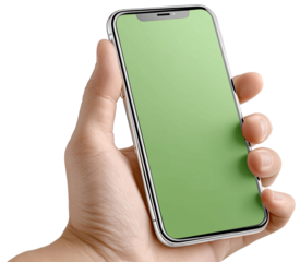 Digital Device at Hand: A sleek smartphone is held firmly, its screen displaying a vibrant green hue, suggesting cutting-edge technology and seamless interaction.