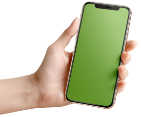 Hand Holding Green Screen Smartphone: A person's hand delicately cradles a sleek smartphone, its screen a vibrant green ready for content, perfect for showcasing your message.