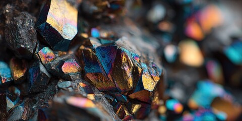 Colorful mineral clusters shine bright under light in a close-up view of iridescent rock formations