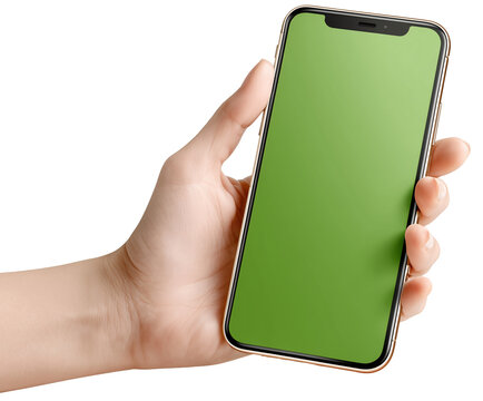 Hand Holding Green Screen Smartphone: A person's hand delicately cradles a sleek smartphone, its screen a vibrant green ready for content, perfect for showcasing your message.
