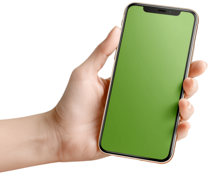 Hand Holding Green Screen Smartphone: A person's hand delicately cradles a sleek smartphone, its screen a vibrant green ready for content, perfect for showcasing your message.