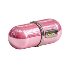 Pink Metallic Pill Shaped Object with LED Indicator Lights capsule medicine isolated on a transparent background