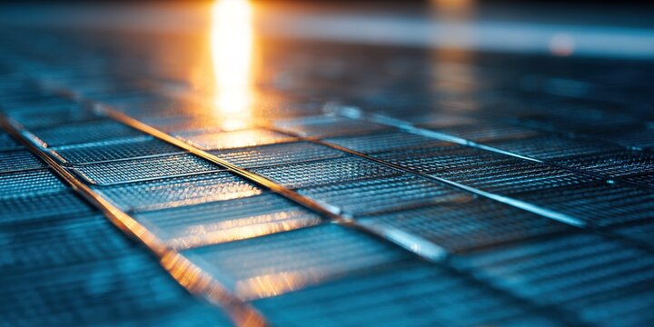 Detailed view of blue metal grid reflecting warm light in an industrial setting during evening hours