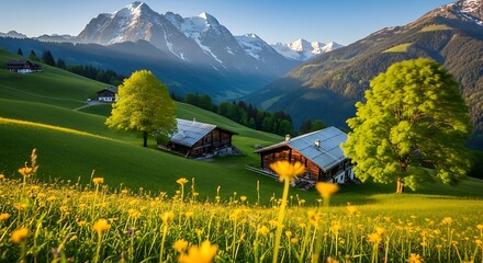 Alpine meadow with traditional chalets and majestic mountains