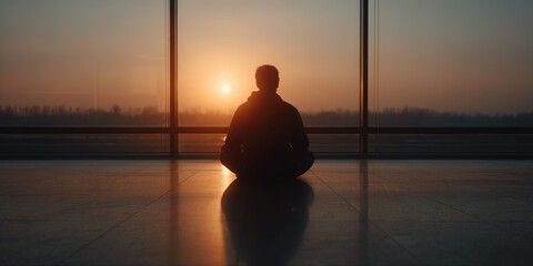 Meditation at sunset in a peaceful indoor space with a view of the horizon