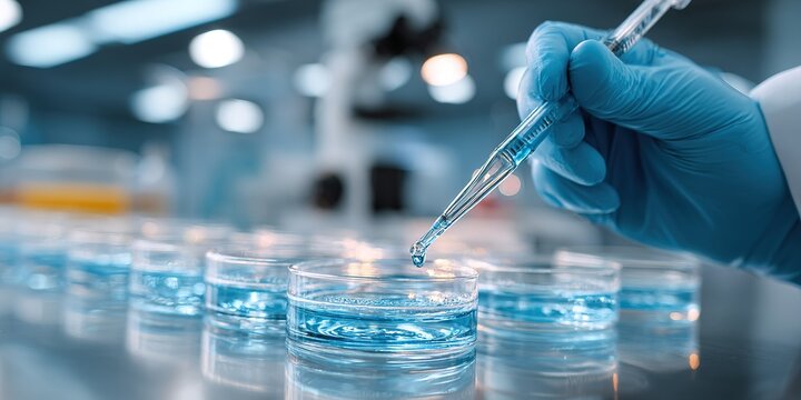 Laboratory technician using a pipette to add a drop of blue liquid to a petri dish during an experiment at a research facility