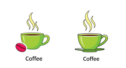 Two green cups of coffee with steam and a coffee bean illustration