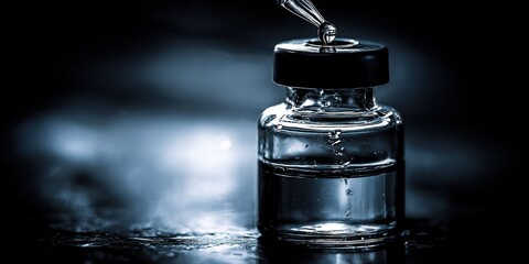 Close-up view of a glass vial with a dropper and liquid during a scientific experiment in a dark lab setting