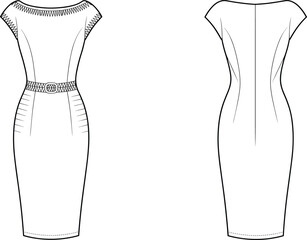 Elegant women pencil dress flat sketch, short sleeve belted bodycon design, front and back technical fashion drawing for apparel design illustration