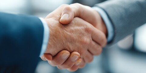 Business professionals shaking hands in agreement during a corporate meeting in a sunny office environment