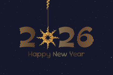 Happy New Year 2026 greeting card with golden numbers and decorative ribbon star on dark blue background. Luxury festive design for holiday celebration and banner. Flat vector illustration EPS10.