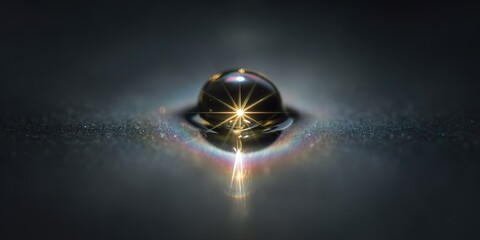Close-up view of a water droplet reflecting light and creating a vibrant spectrum on a dark surface