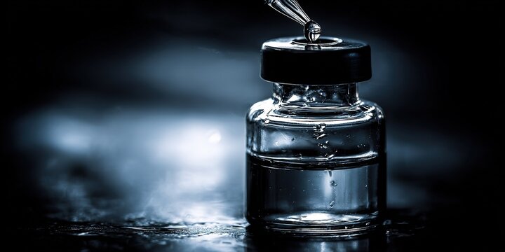 Close-up view of a glass vial with a dropper and liquid during a scientific experiment in a dark lab setting