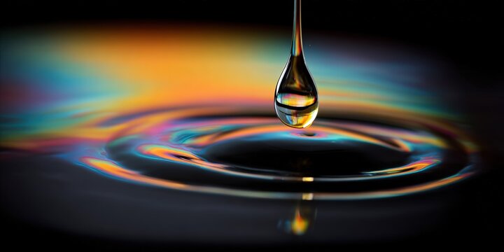 Colorful water droplet creates ripples on dark surface during calm moment of nature