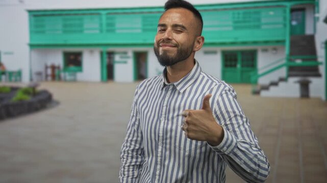 Man gives thumbs up with right thumb visible in front of a green building courtyard, smiling and winking; approval encouragement support.