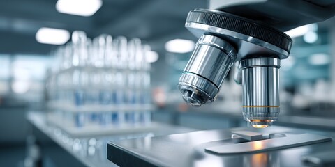 Advanced microscope in a modern laboratory focusing on a glass slide with specimen during scientific research