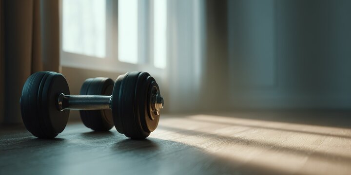 Dumbbell resting on floor with sunlight streaming through windows in a quiet home gym