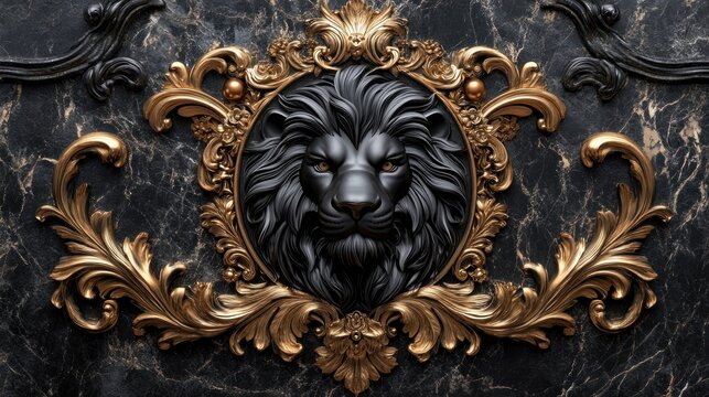 Black lion head, gold frame, dark marble