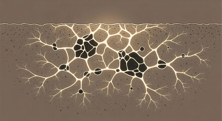 Subterranean Network of Glowing Mycelium and Root System in Soil