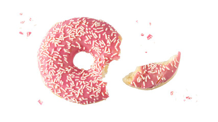 Fototapeta na wymiar Pink glazed single bitten donut with white sprinkles and crumbs flying isolated on white