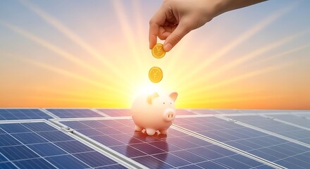 Hand dropping coins into piggy bank on solar panels