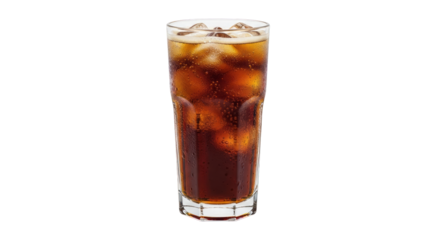 Refreshing cola beverage with ice cubes in a clear glass on transparent background