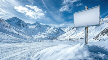 Blank sign in snowy mountain scenery