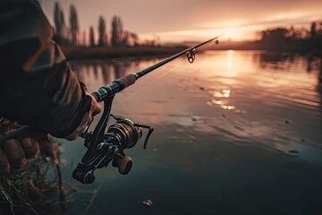 Obraz premium Angler Fishing at Sunset by Calm Water with Reflections in Nature