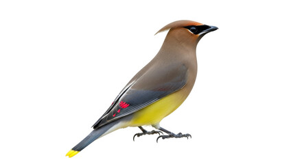 Isolated Cedar Waxwing perched upright and alert, standing on slender feet, feathers smooth © Marigold