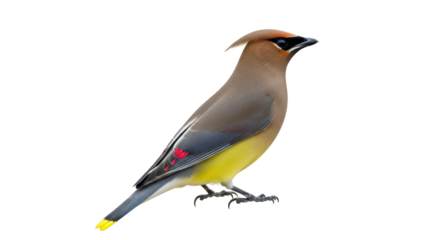 Isolated Cedar Waxwing perched upright and alert, standing on slender feet, feathers smooth