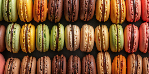 Delicious colorful macarons artfully arranged in rows, a vibrant and tempting gourmet dessert display perfect for culinary inspiration and sweet treats