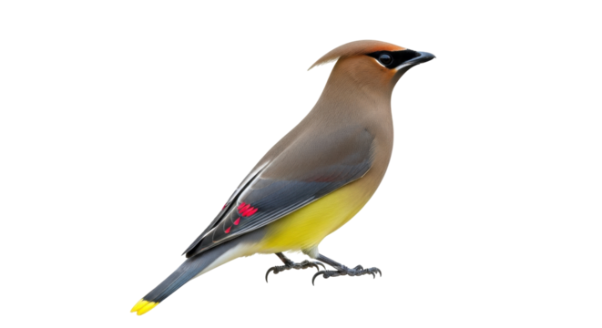 Isolated Cedar Waxwing perched upright and alert, standing on slender feet, feathers smooth