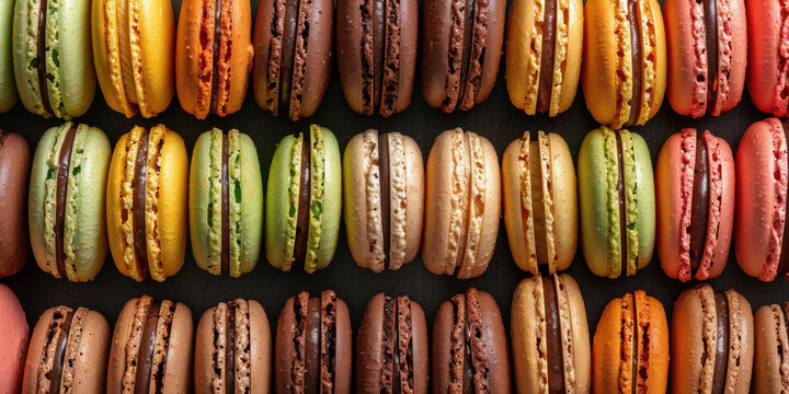 Delicious colorful macarons artfully arranged in rows, a vibrant and tempting gourmet dessert display perfect for culinary inspiration and sweet treats
