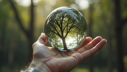 Eine Hand hält eine Glaskugel mit einem Baum darin
