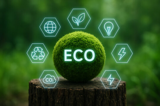 A vibrant green moss ball with the word "eco" on a wooden log is surrounded by glowing holographic icons representing nature, energy, recycling, and sustainability - Powered by Adobe