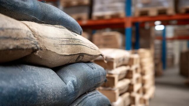 365Stacked rice bags in bulk storage warehouse, high-resolution shot showing texture, labels, and organized layout for market logistics